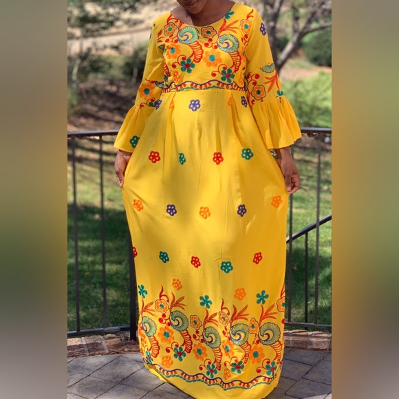 Yellow Multicolor Embroidered Bell Sleeve Maxi Dress - Picture 2 of 11
